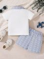 Baby Boy's Cute Plaid Patchwork Pocket Short Sleeve Shirt And Plaid Shorts Set, Spring/Summer Casual Outfits