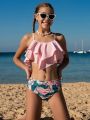 Teen Girls' Layered Ruffle Trimmed Cami Top & Tropical Printed Triangle Bikini Set