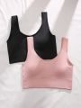 2pcs/Set Women's Seamless Basic Camisole With Molded Bra Cups, No Need To Wear Bra