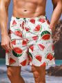 Men's Watermelon Print Drawstring Waist Beach Shorts