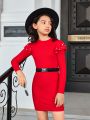 SHEIN Kids FANZEY Girls Pearls Beaded Fitted Dress Without Belt