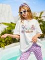Teen Girls' Pattern Printed Drop Shoulder Short Sleeve T-shirt