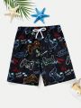 SHEIN Tween Boys' Casual Integration Woven Letter & Game Machine Pattern Swimsuit Shorts