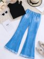 SHEIN Kids HYPEME Tween Girls' Solid Color Hollow Out Top And Denim Printed Bell Bottoms Two Piece Set