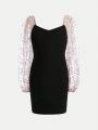 SHEIN Kids HYPEME Girls' Fashionable Street Style Knit & Mesh Patchwork Long Sleeve Dress