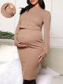 SHEIN Maternity Stand Collar Long Sleeve Breastfeeding Dress