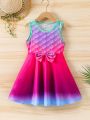 SHEIN Kids CHARMNG Toddler Girls' Mermaid Scale Printed Gradient Bowknot Decorated Dress
