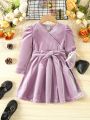 Little Girl's Solid Color Velvet Dress With Puff Sleeves And Waist Belt