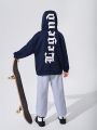 SHEIN Boys' Casual Loose Fit Hooded Pullover Sweatshirt With Letter Print, For Kids