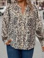 SHEIN CURVE+ Plus Size All-over Printed Notched Neck V-neck Blouse