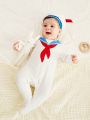 SHEIN Newborn Baby Boys' Sailor Collar Flower Printed Long Sleeve Footed Romper With Hat 2pcs/set