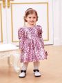 SHEIN Baby Girls' Gorgeous Beaded Pattern Puff Sleeves Bubble Hem Long Sleeve Dress, Formal Attire