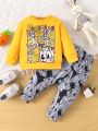 2pcs Baby Boys' Casual Cute Rabbit Printed Long Sleeve Crewneck Top And Pants Set