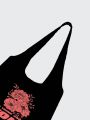Cheerful Citrus X Reborn Entity Black Floral Pattern Tote Bag With Slogan Print