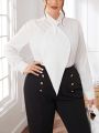 SHEIN Privé Plus Size Elegant Solid Color Shirt With Wide Necktie