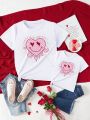 Young Girl Casual Heart, Face, Plaid Print Street Style Round Neck Short Sleeve T-Shirt For Everyday Wear