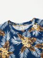 SHEIN Kids SUNSHNE Tween Boys' Casual Comfortable Tropical Plant Print Short Sleeve T-Shirt And Shorts Set