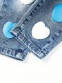 Baby Girls' Heart & Letter Pattern Washed Jeans