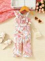 SHEIN Baby Girls' Casual Elegant Printed Halterneck Jumpsuit With Irregular Shoulders, Perfect For Vacation And Outing