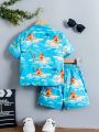 SHEIN Kids SUNSHNE Little Boys' Beach Printed Short Sleeve Shirt And Shorts 2pcs/Set
