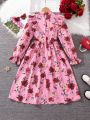 SHEIN Kids CHARMNG Girls' Printed Ruffle High Neck Loose Fit Casual Dress For Big Kids
