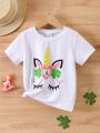SHEIN Kids SUNSHNE Young Girls' Casual And Cute Colorful Unicorn Round Neck Short Sleeve T-Shirt For Spring And Summer