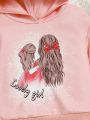 SHEIN Infant Girls' Adorable Hooded Sweatshirt With Girl Pattern, Casual Style, Long Sleeve
