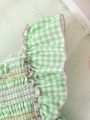 Infant Girls' Plaid Checkered Square Neck Short-Sleeve Dress With Ruffles Hem, Cute, Soft & Quick-Drying For Spring/Summer