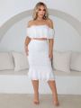 SHEIN SXY Spring Women Clothes Textured Fabric Double-Layered Off Shoulder Top Double-Layered Fishtail Skirt Tight Mid-Length Skirt Women Co-Ords