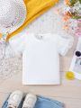 SHEIN Girls' Simple Mesh Puff Sleeve Short Sleeve T-shirt For Summer