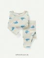 Cozy Cub Baby Boy Snug Fit Pajama Set, Cartoon Whale Pattern Round Neck Long Sleeve Top And Footed Pants (2pcs)