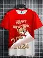 Men'S Short Sleeve T-Shirt With New Year Slogan And Printed Bear Pattern