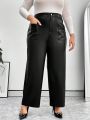 SHEIN Privé Plus Size Women's Pu Leather Pants With Double Pockets