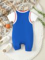 Baby Boy'S Basketball Printed Short Romper With Number And Letter Pattern