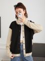 Teen Girls' Casual Color Block Hooded Jacket With Simple Design