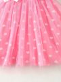 SHEIN Kids Y2Kool Little Girl's Lovely & Cool Pink Mesh Dress With Heart & Ruffle Detail