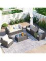 Merax Patio Furniture Sets, 7-Piece Patio Wicker Sofa , Cushions, Chairs , a Loveseat , a Table and a Storage Box