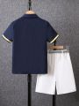 SHEIN Kids FANZEY Tween Boys' Formal Dress Set, Including Belted Shorts And Woven Decorated Shirt For Formal Occasions