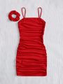 SHEIN Kids Y2Kool Young Girl Pleated Spaghetti Strap Dress (1 Hair Tie Included)