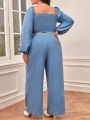 SHEIN Frenchy Plus Size  Lantern Sleeve Shirred Back Crop Top & Pants Set