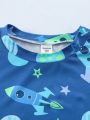 SHEIN Kids Nujoom Boys' Night Glowing Rocket & Stars Printed Short Sleeve T-Shirt And Long Pants Outfit