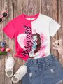 SHEIN Kids HYPEME Little Girls' Street Style Cartoon & Letter Print Round Neck Short Sleeve Knit T-Shirt