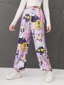 SHEIN Teenage Girls' Cartoon Animal Pattern Knitted Casual Sweatpants With Slanted Pockets