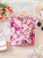 SHEIN Kids CHARMNG Little Girls' Loose Fit Casual Shirt With Woven Floral Print, Flying Sleeve, And Round Collar