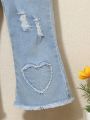 Baby Girls' Light-Colored Casual Denim Jeans With Fringed Edges, Heart-Shaped Rips And Flared Bottoms