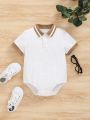 SHEIN Baby Boy Casual Colorblock Short Sleeve Romper With Polo Collar And Snap Closures