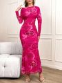 SHEIN Privé Rose Printed Irregular Off Shoulder Slim Fit Mermaid Dress