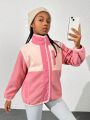 Outdoor Sports Girls' Dual Tone Fleece Jacket With Pink And Red Patchwork, Four Buttoned Front Closure And Pockets - Stylish, Warm, Windproof And Perfect For Hiking, Daily Use, And Commuting
