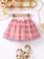 SHEIN Kids CHARMNG Girls' Star & Moon Printed Mesh Tutu Skirt With Tie Dye Ombre Effect, Cute & Stylish, For All Seasons