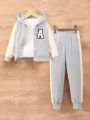 Toddler Boys' Long Sleeve Baseball Jacket With Letter Applique Design And Pants 2pcs Outfits Set